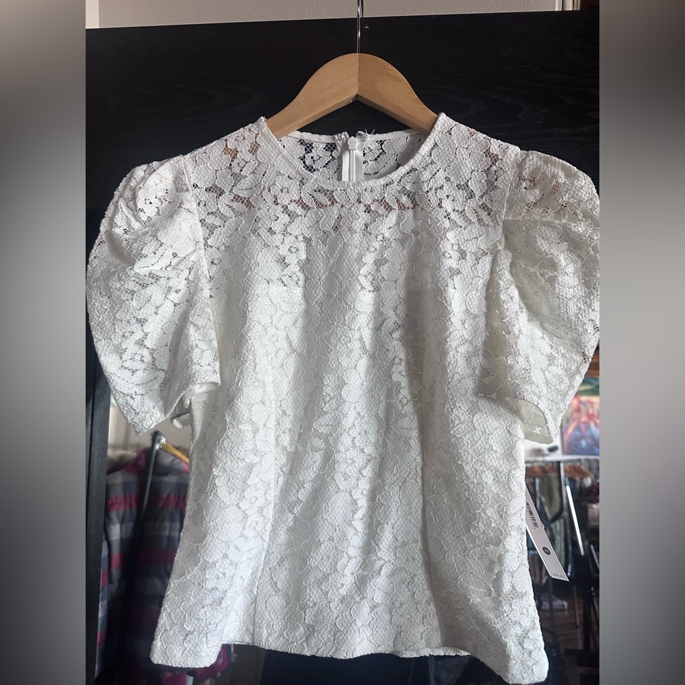 Aqua Ivory Lace Puff Sleeve Top